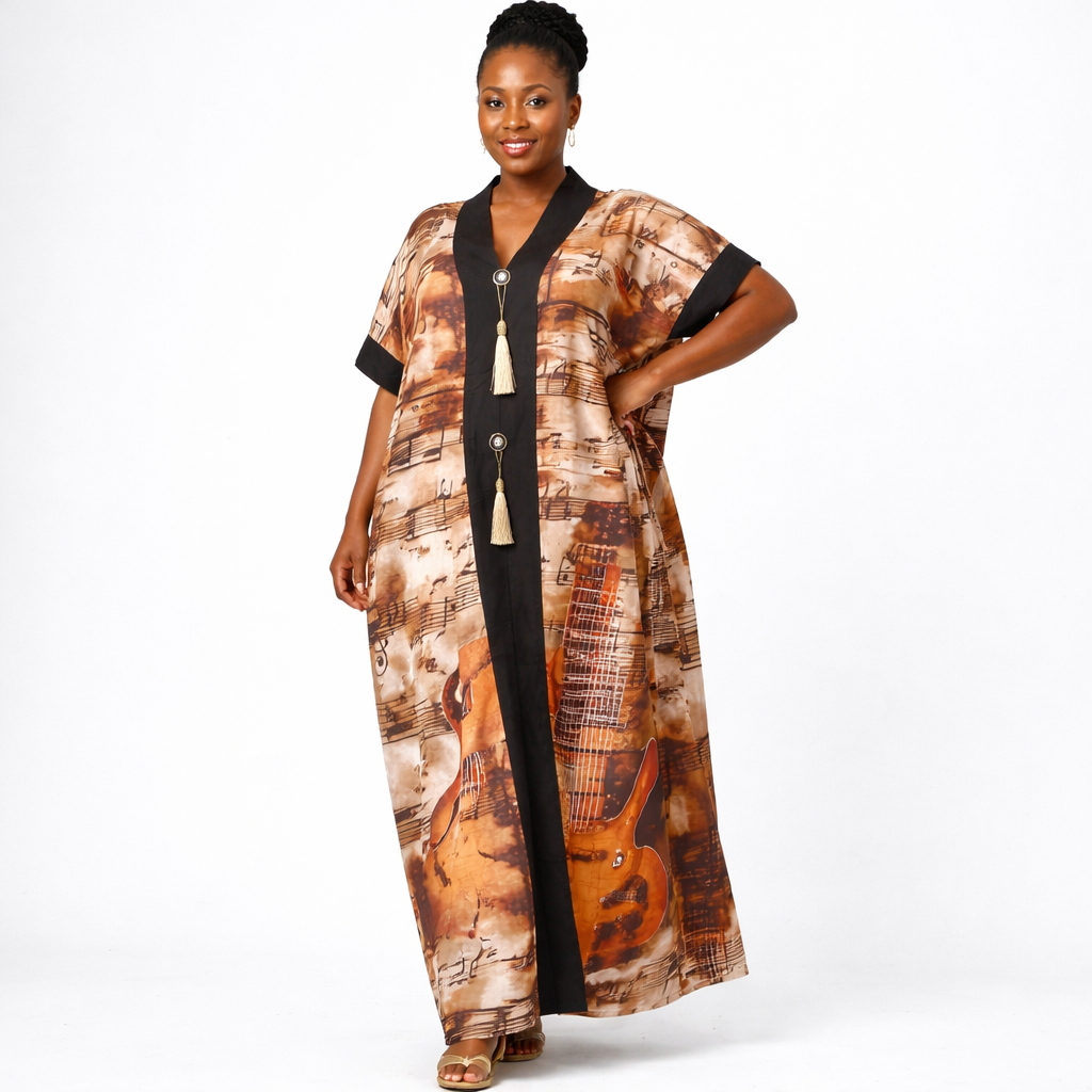Brown Printed Long Kaftan Gown with Contrast Panel